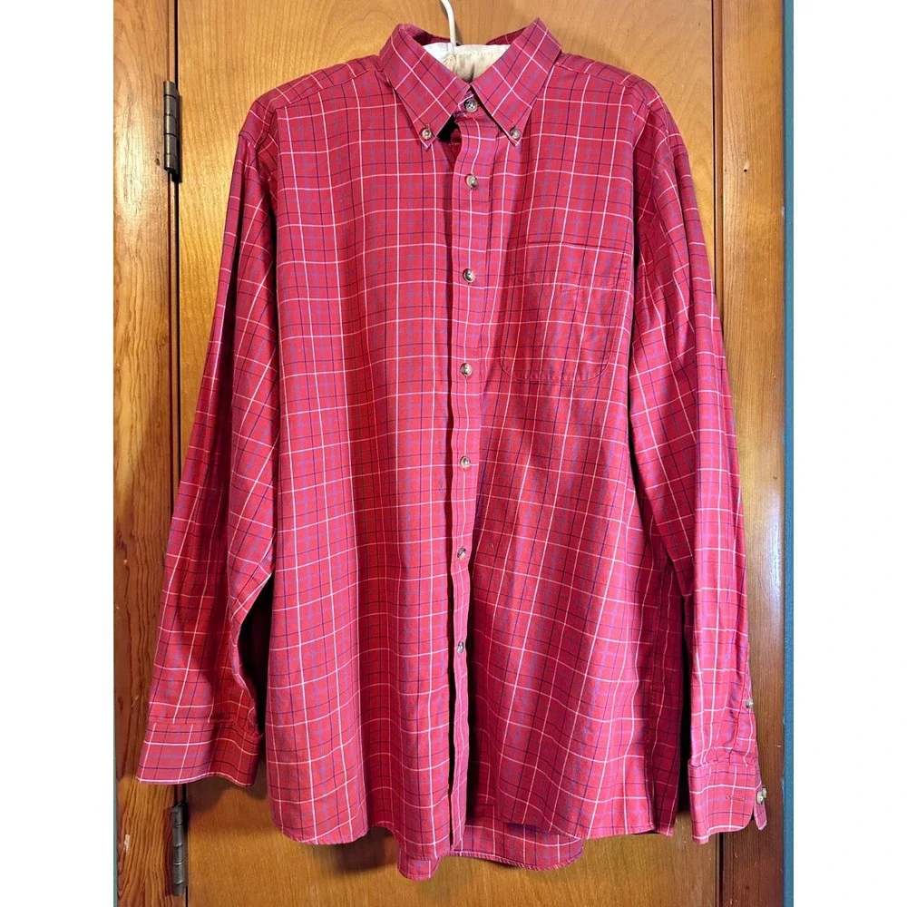 L.L. Bean Red/Maroon Plaid‎ Long-Sleeve Cotton Wrinkle Resistant Shirt Mens L